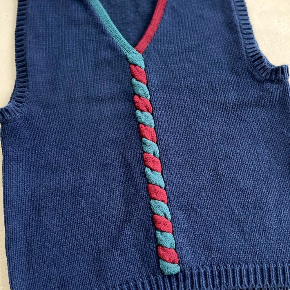 Vintage Stevemor Navy Blue Acrylic Knit With Green & Burgundy Twist Sweater Vest - Picture 4 of 7